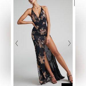 Showpo Black and Gold Sequined Formal Dress